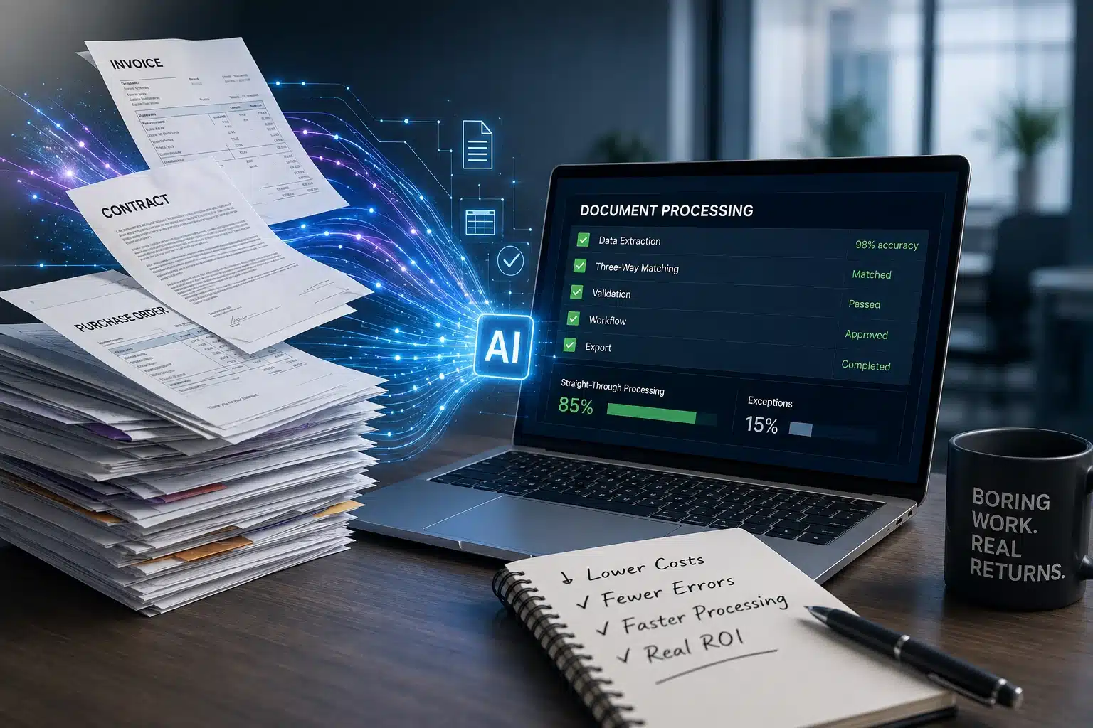 AI document processing automating invoices, contracts and purchase orders with data extraction, matching, validation and workflow approval.