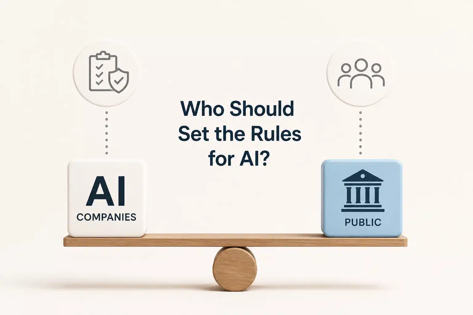 AI - self regulations illustrated as a balance between AI companies and the public, asking who should set the rules for AI.
