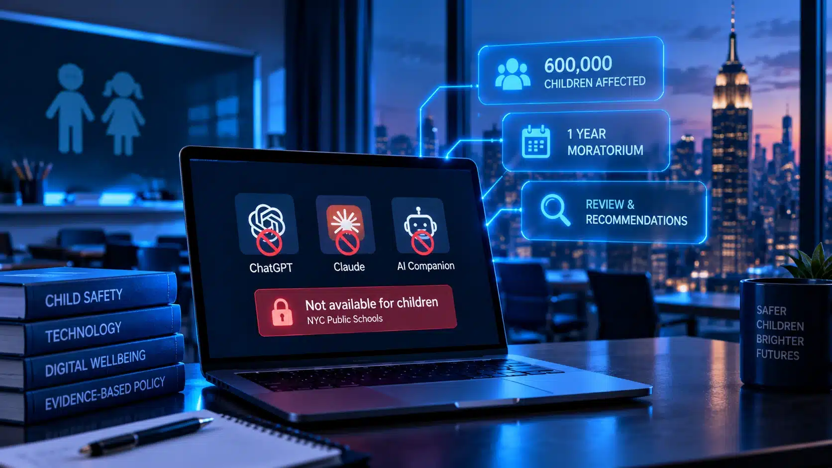 alt text for this Alt text: AI and children featured image showing restricted generative AI tools, child safety controls and New York’s one-year AI moratorium affecting 600,000 children.